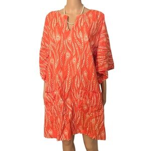 Ivy Jane Women’s Size Large 100% Cotton Orange Feather Print 3/4 Sleeve Dress